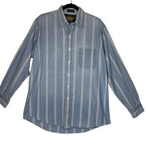 Vtg Ralph Lauren Chaps Lt Denim Blue & Red Striped Button Up Shirt SzXL Slouchy